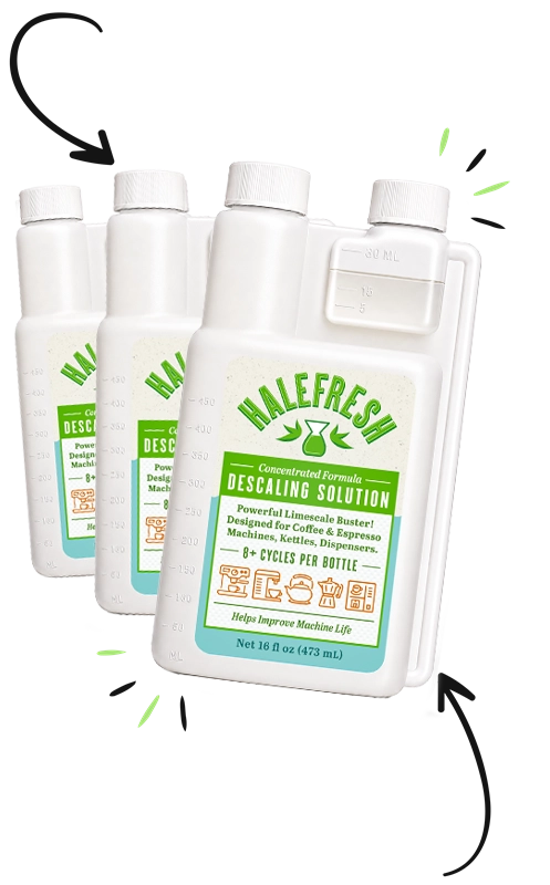 Halefresh descaling solution promotion showing three single bottles with the offer buy 3 singles and get the 3rd free using code HFH3 at checkout