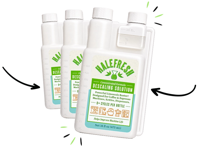 Halefresh descaling solution promotion showing three single bottles with the offer buy 3 singles and get the 3rd free using code HFH3 at checkout