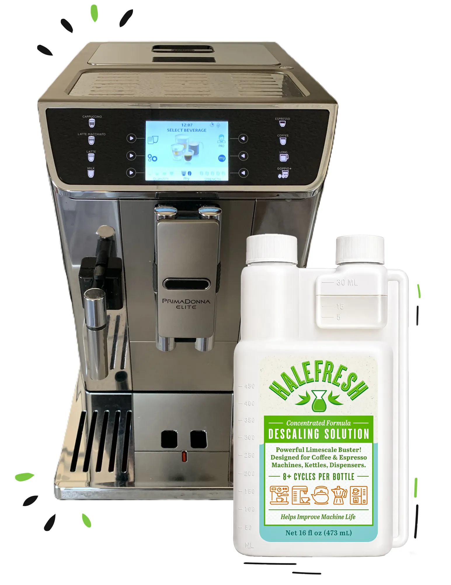Halefresh descaling solution bottle beside an automatic coffee machine for coffee maker cleaning and descaling.