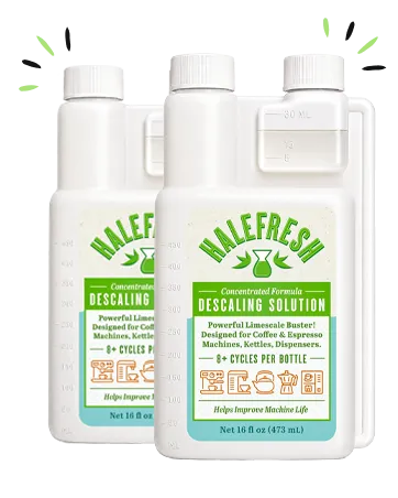Two Halefresh descaling solution bottles showing the front label and built-in dosing chamber.