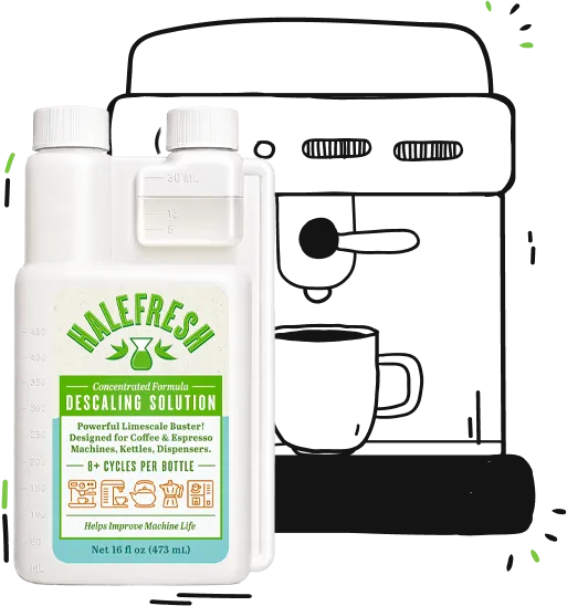 Halefresh descaling solution bottle with an espresso machine outline showing coffee machine descaling use.