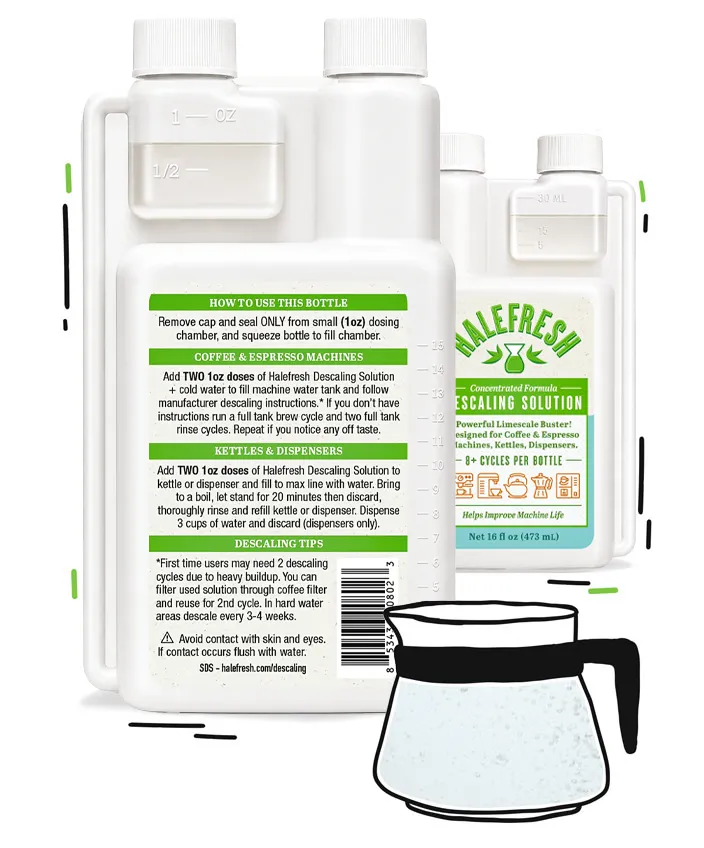 Halefresh descaling solution bottles showing product directions with a coffee carafe illustration for cleaning cycles.