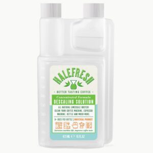 Front view of Halefresh descaling solution in 16 ounce twin neck bettix bottle that has a main chamber and a 1 ounce dispensing chamber
