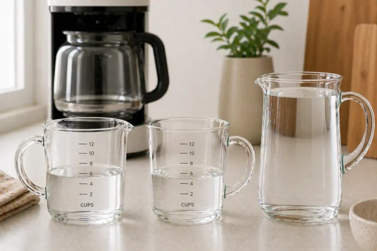 Two measuring jugs each filled to 6 cups showing equal parts vinegar and water for a 12 cup coffee maker