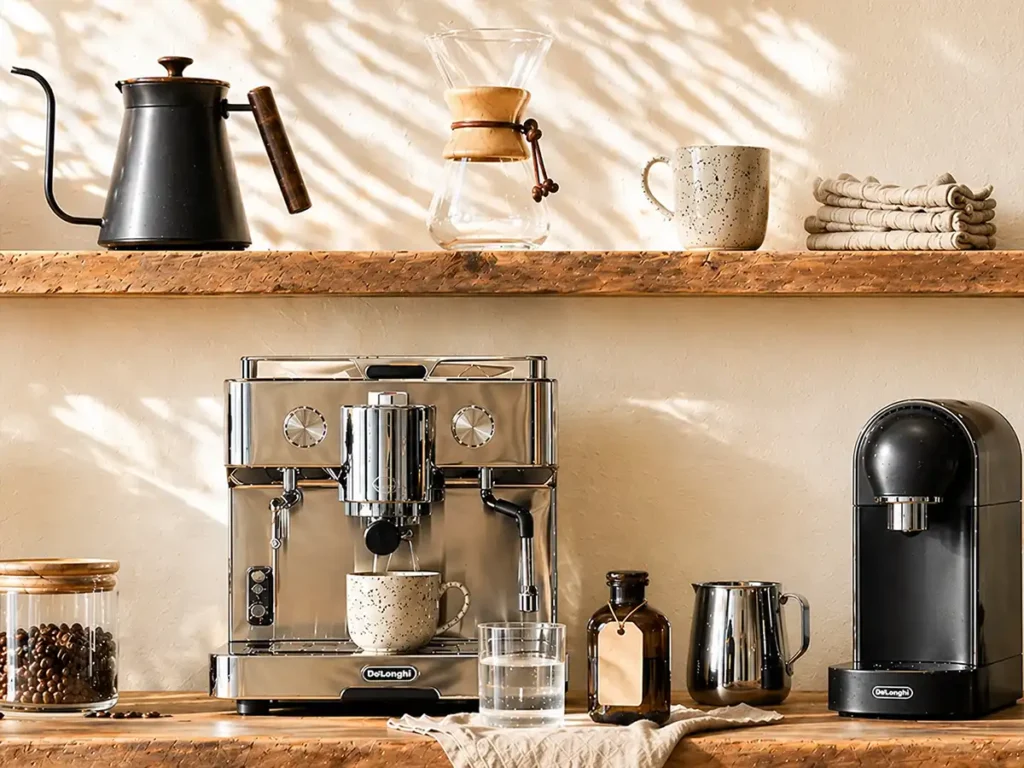 Best descaling solution for coffee machines with espresso and pod machines on a bright kitchen shelves