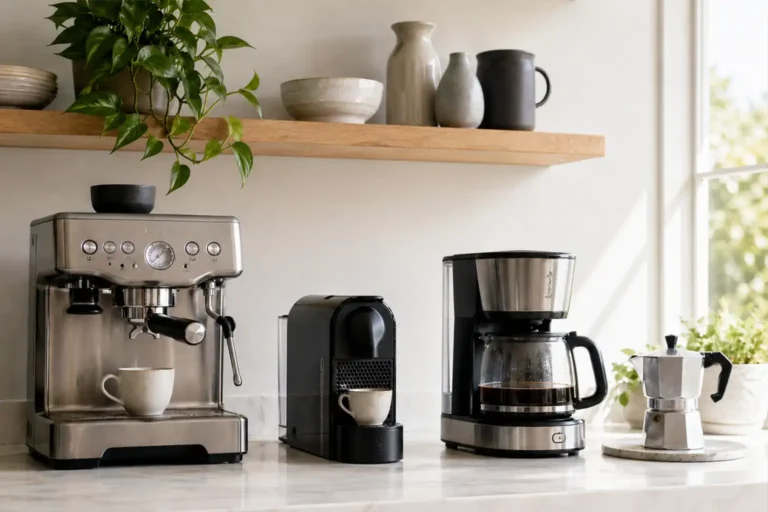 Different coffee machine types on a bright kitchen countertop