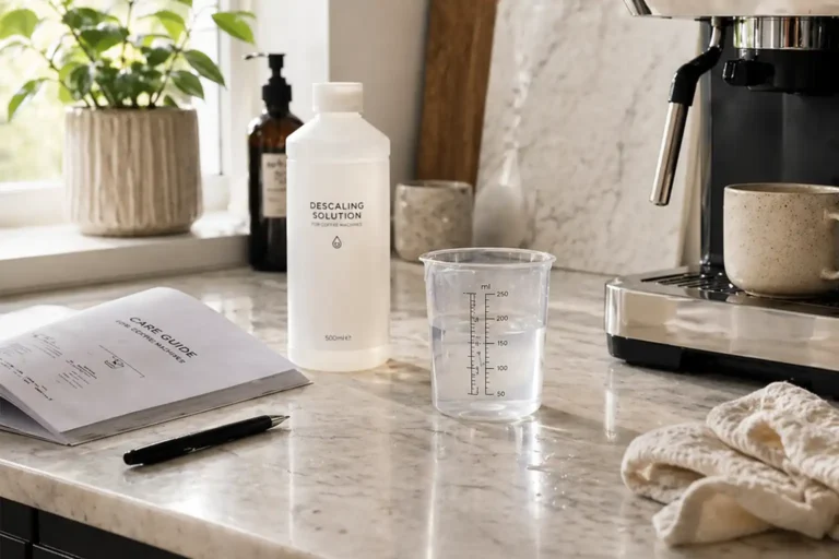 Coffee machine descaling setup with measuring cup and solution on a kitchen countertop