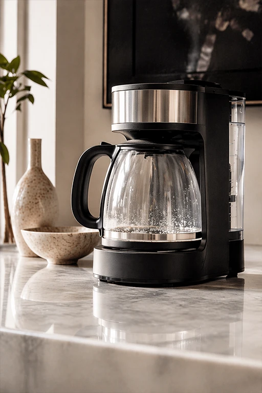 Coffee maker on kitchen countertop with visible residue in glass carafe indicating reduced performance from limescale buildup
