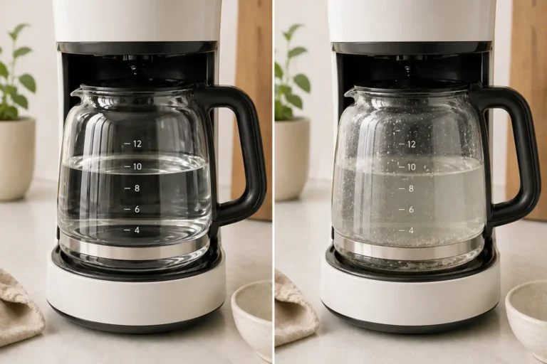Side-by-side coffee maker carafe showing clear water on one side and cloudy water with residue on the other