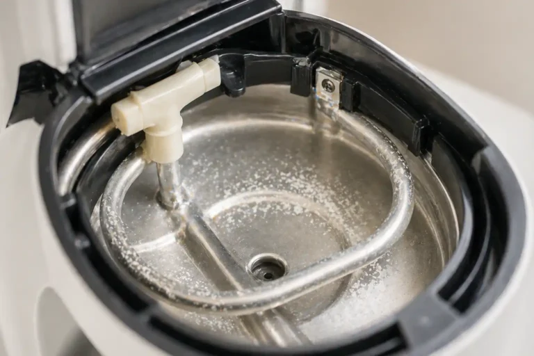 Close-up of a coffee maker heating element with light limescale buildup on metal surfaces