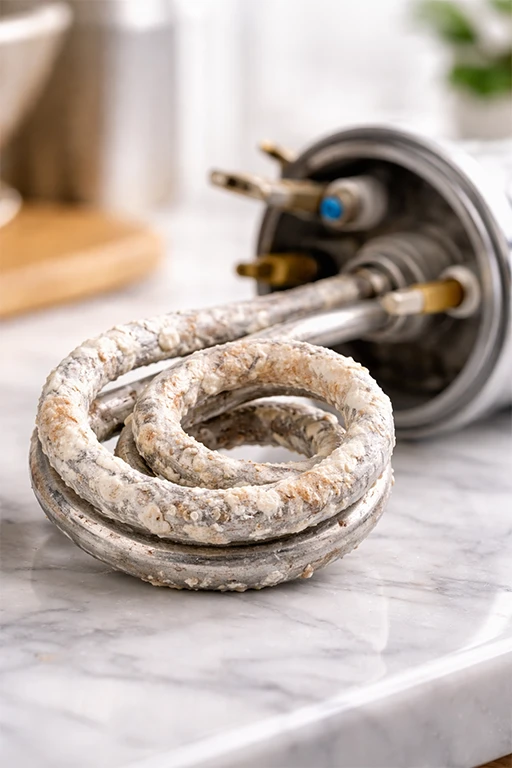 Heating element removed from a coffee machine covered in thick limescale deposits showing internal scale buildup