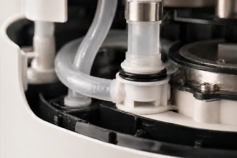 Close-up of coffee maker internal tubing and seals with plastic connectors and metal components