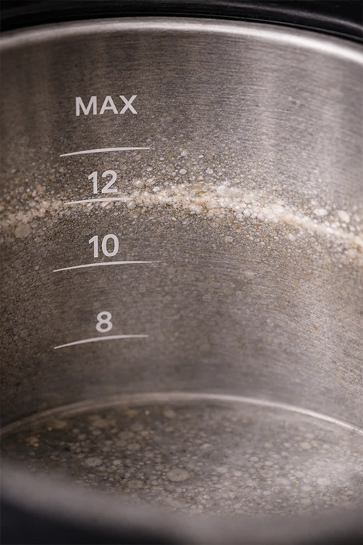 Close-up of limescale buildup inside a coffee maker water reservoir showing mineral deposits forming along the water line