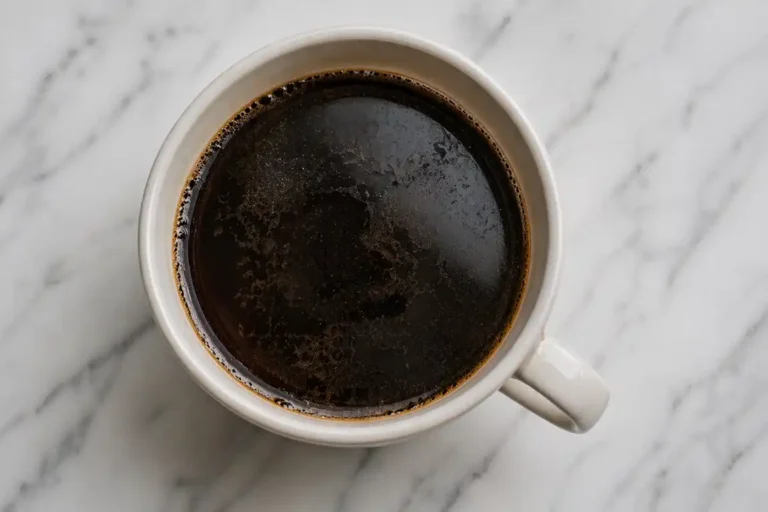 Top-down view of black coffee showing light oil film on the surface in a ceramic cup on marble background