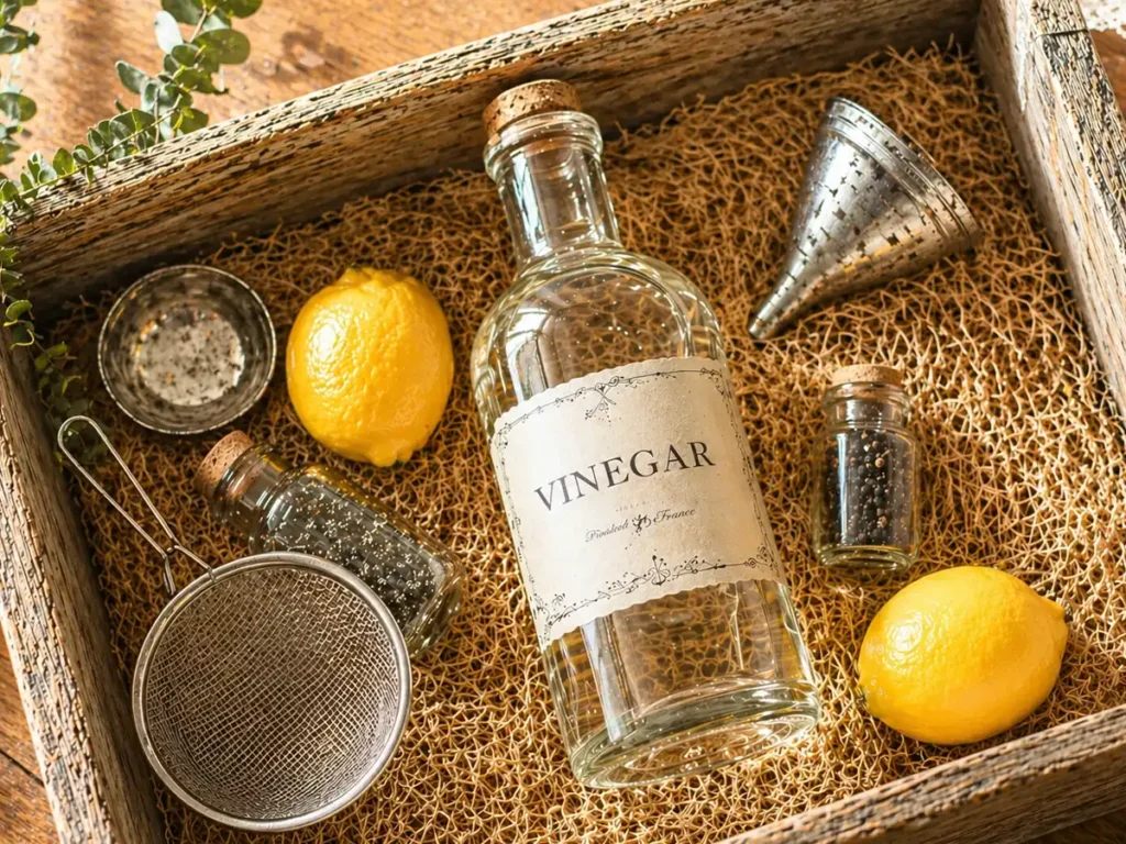Descale a coffee maker with vinegar – rustic bottle and lemons on wooden tray