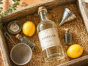 Descale a coffee maker with vinegar – rustic bottle and lemons on wooden tray
