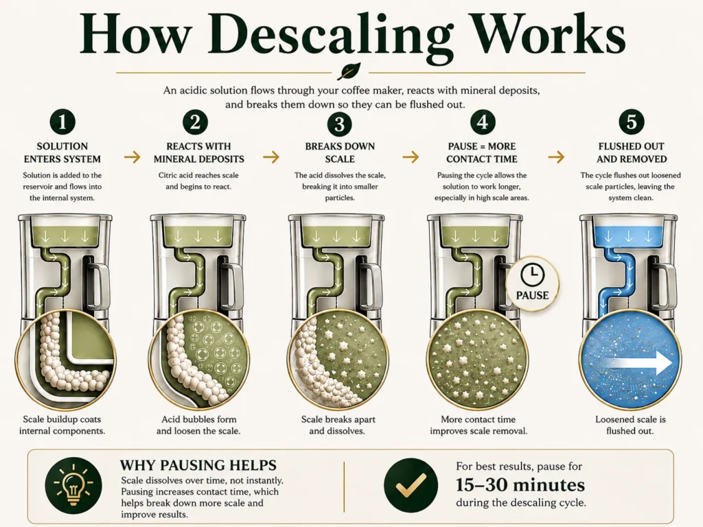 infographic showing how descaling works in a coffee maker, including limescale breakdown, reaction with citric acid, and flushing process