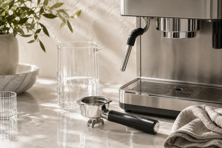 Lactic acid descaling solution represented by an espresso machine portafilter and glass vessel on a bright kitchen countertop