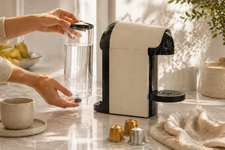 Pod coffee machine with water tank removed for maintenance
