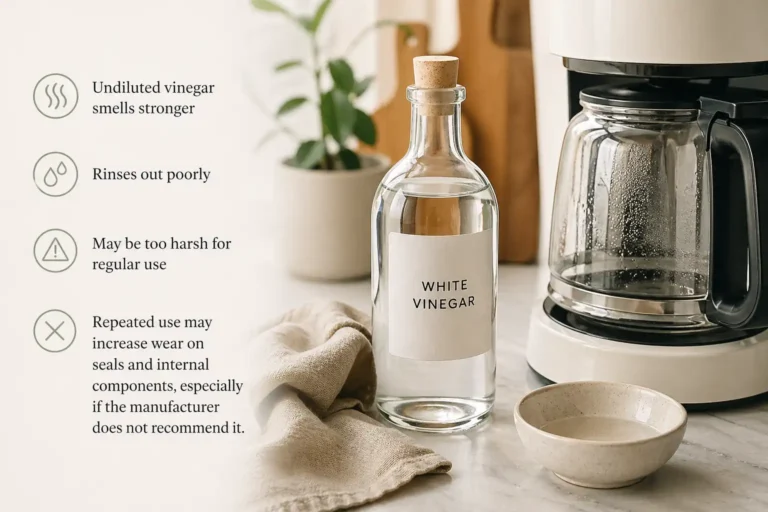 Undiluted white vinegar next to a drip coffee maker with icons showing smell, poor rinsing, harshness, and wear on internal components