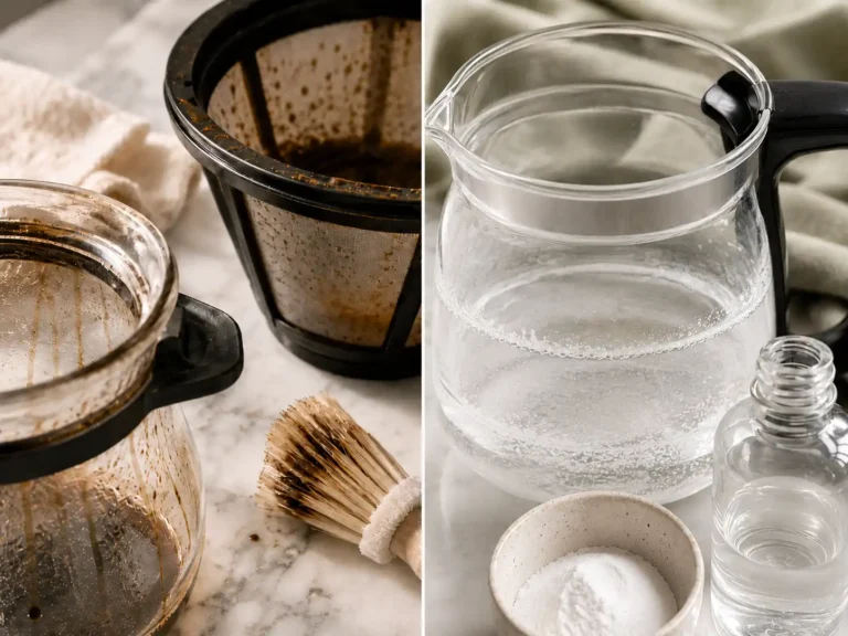 Split comparison image showing coffee residue and oily staining on a coffee carafe and filter basket on the left, and white mineral scale buildup inside a glass coffee pot on the right.