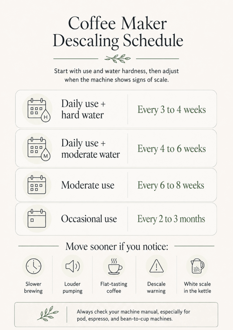 Infographic showing how often to descale a coffee maker based on water hardness, machine use, and warning signs