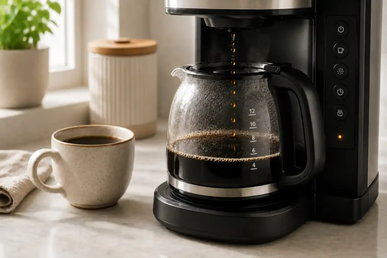 Coffee maker brewing slowly with an amber warning light on the control panel