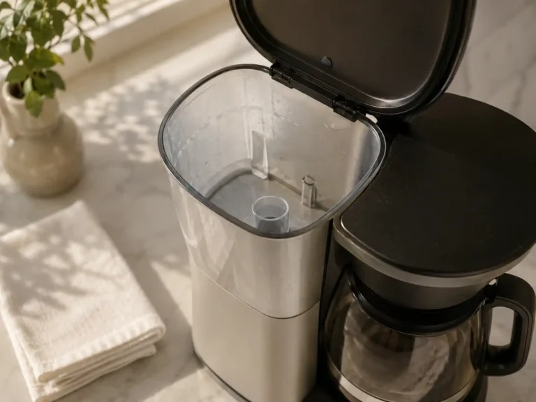 Close-up image of an open coffee maker water reservoir with light water marks, showing the area that should be checked and cleaned safely.