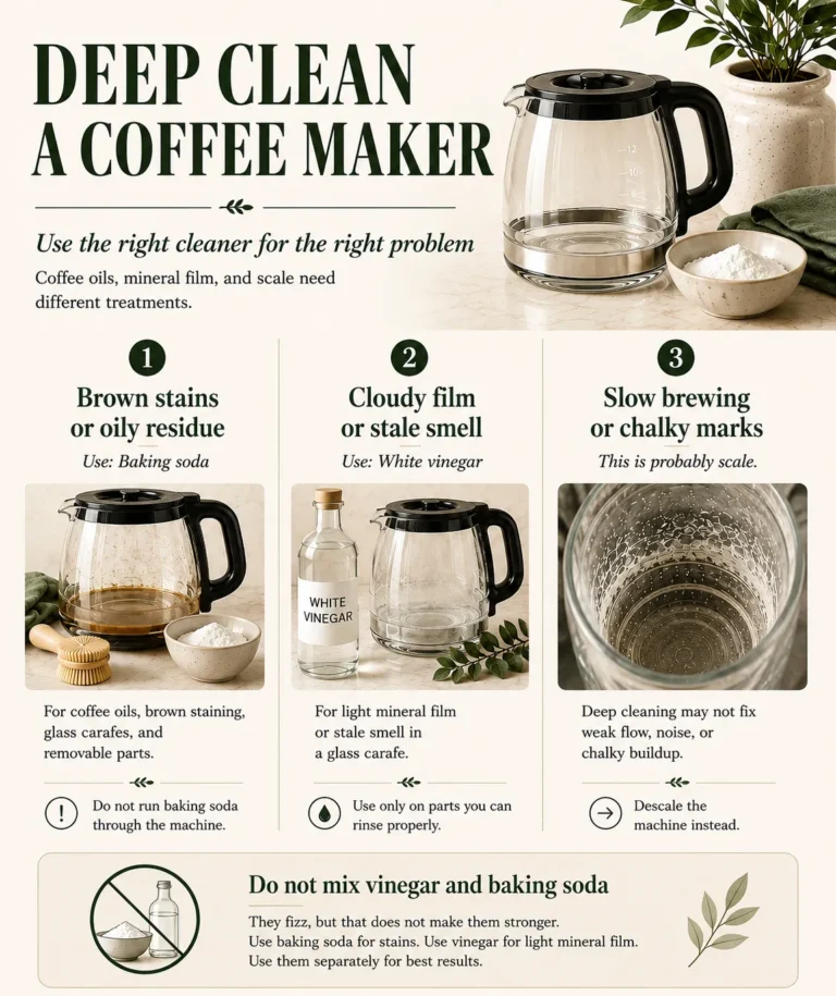 Infographic showing how to deep clean a coffee maker using baking soda for brown stains and oily residue, white vinegar for light mineral film, and descaling for slow brewing or chalky scale buildup.