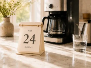 Glass of water, water hardness test strip, and notebook with water hardness notes on a bright kitchen counter