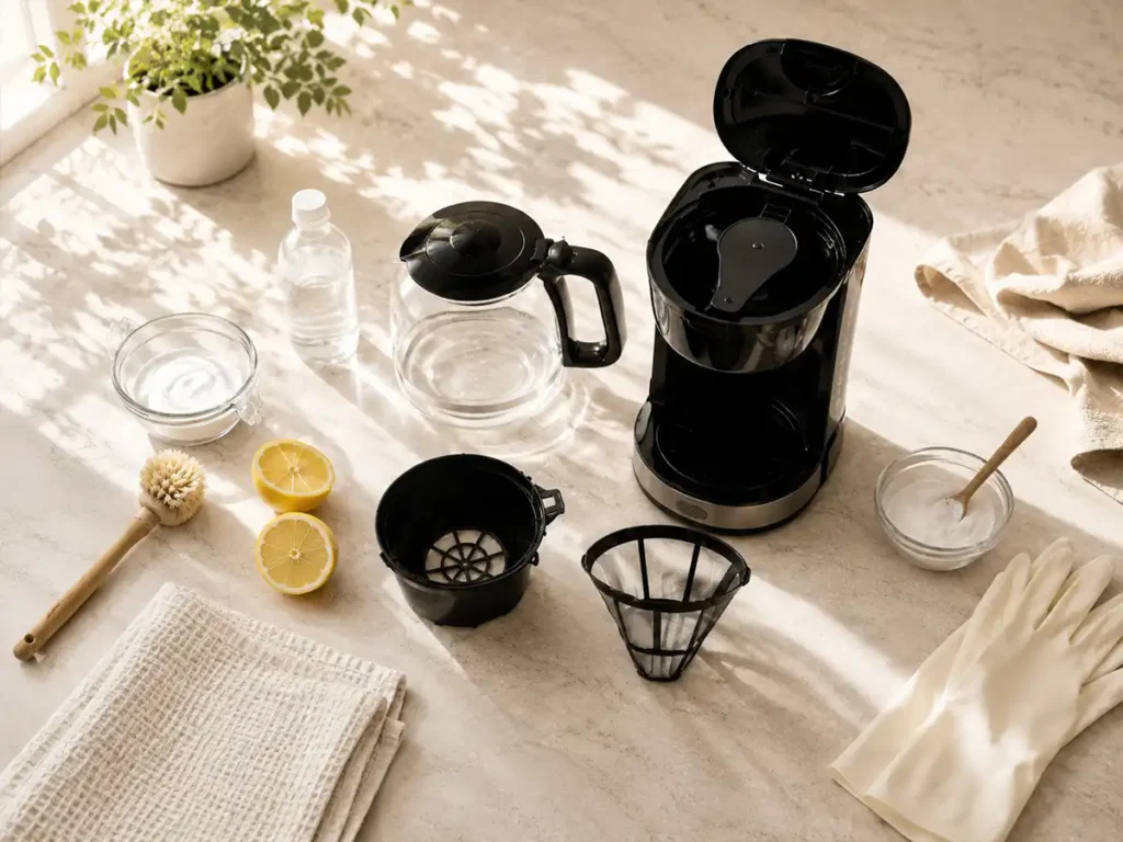 Top-down view of a coffee maker and removable parts on a light countertop with cleaning tools, lemons, gloves, and cleaning powder