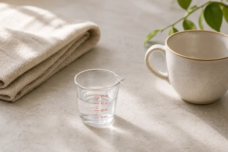 Small measuring cup with clear liquid beside a coffee cup and folded cloth on a bright kitchen counter