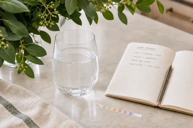 Glass of water, water hardness test strip, and notebook with water hardness notes on a bright kitchen counter