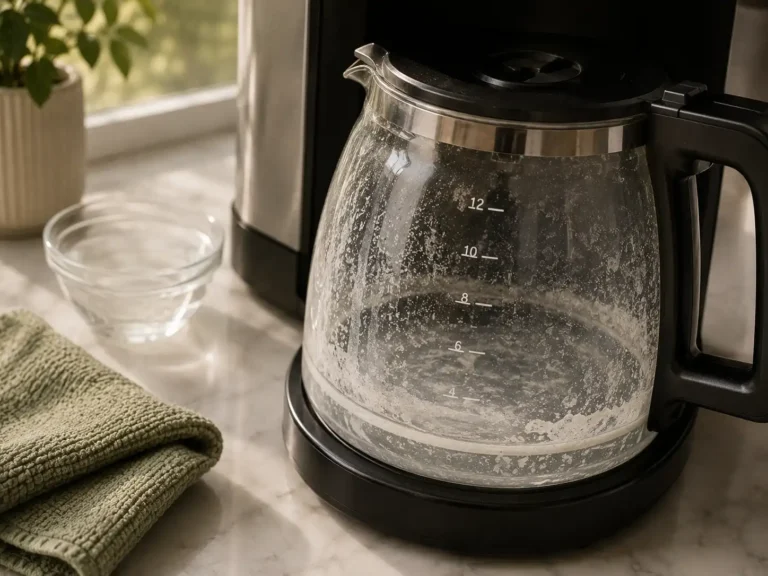 Glass coffee carafe with white mineral scale buildup inside a drip coffee maker, showing when cleaning alone may not fix slow brewing or chalky residue.