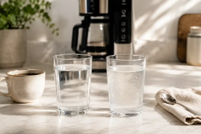 Two glasses of water on a bright kitchen counter with a coffee maker in the background, showing how water quality can affect descaling frequency
