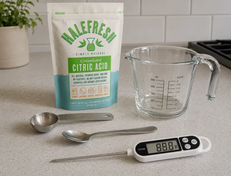 How to make a coffee maker descaling solution with citric acid, measuring cup and tools for DIY descaling
