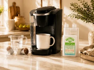 Halefresh descaling solution beside a Keurig coffee maker on a bright kitchen counter