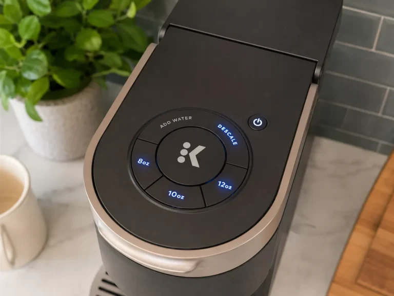 Close-up of a Keurig control panel with the descale light illuminated in blue, along with the 8 oz, 10 oz, and 12 oz brew size buttons.
