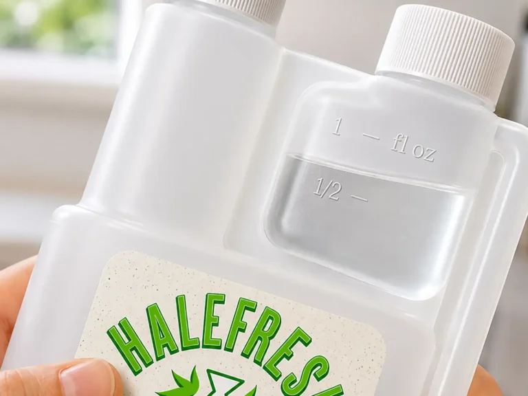 Close-up of a Halefresh descaling solution bottle being squeezed so liquid fills the built-in dosing chamber, with fluid-ounce markings visible. The image shows how to measure liquid descaler before mixing it with fresh water for a Keurig descaling cycle.