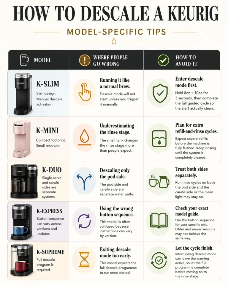 Infographic for a How to Descale a Keurig guide showing model-specific descaling advice for K-Slim, K-Mini, K-Duo, K-Express and K-Supreme coffee makers. It explains where people go wrong and how to avoid common descaling problems, including triggering descale mode manually on the K-Slim, allowing extra rinse cycles for the K-Mini, treating the K-Duo pod and carafe sides separately, checking the correct K-Express button sequence by model version, and letting the K-Supreme complete its full descale programme before moving to the rinse stage.