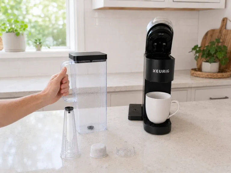 A Keurig coffee maker with the lid open, a white mug on the drip tray, and the removable water reservoir held beside the machine. The reservoir filter holder, water filter cartridge, and clear filter components are laid out on the countertop during the first step of a Keurig descaling guide.