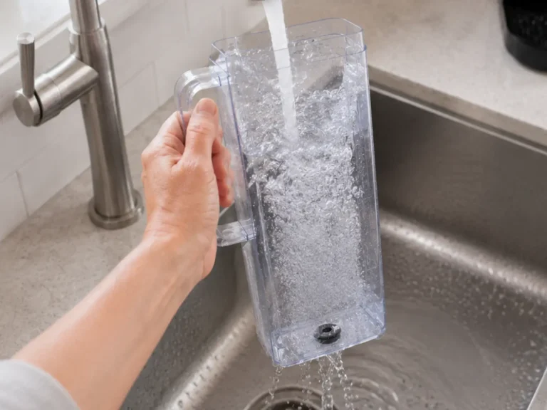 Top-down view of a Keurig water reservoir being held under a running kitchen tap, with water flooding the inside and draining into the sink during the rinsing step of a Keurig descaling guide.