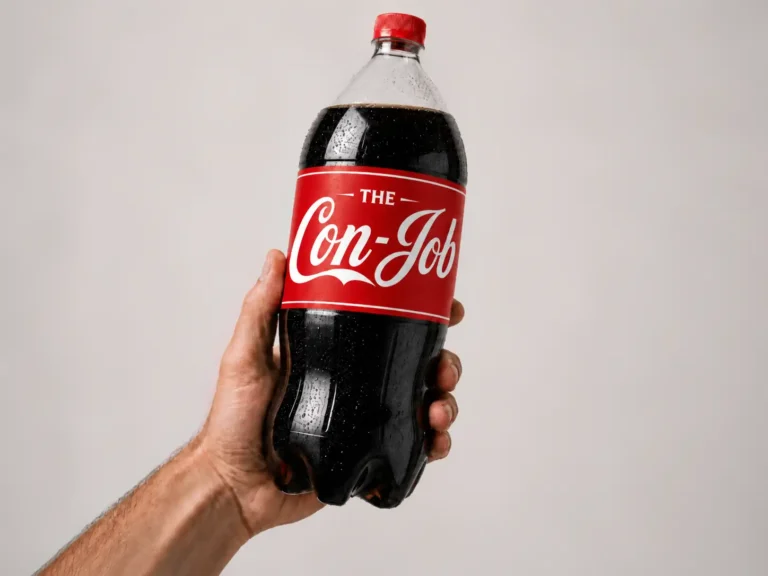 Hand holding a two-litre cola bottle with a parody label reading “The Con-Job,” illustrating why Coke is not a practical kettle descaling method.
