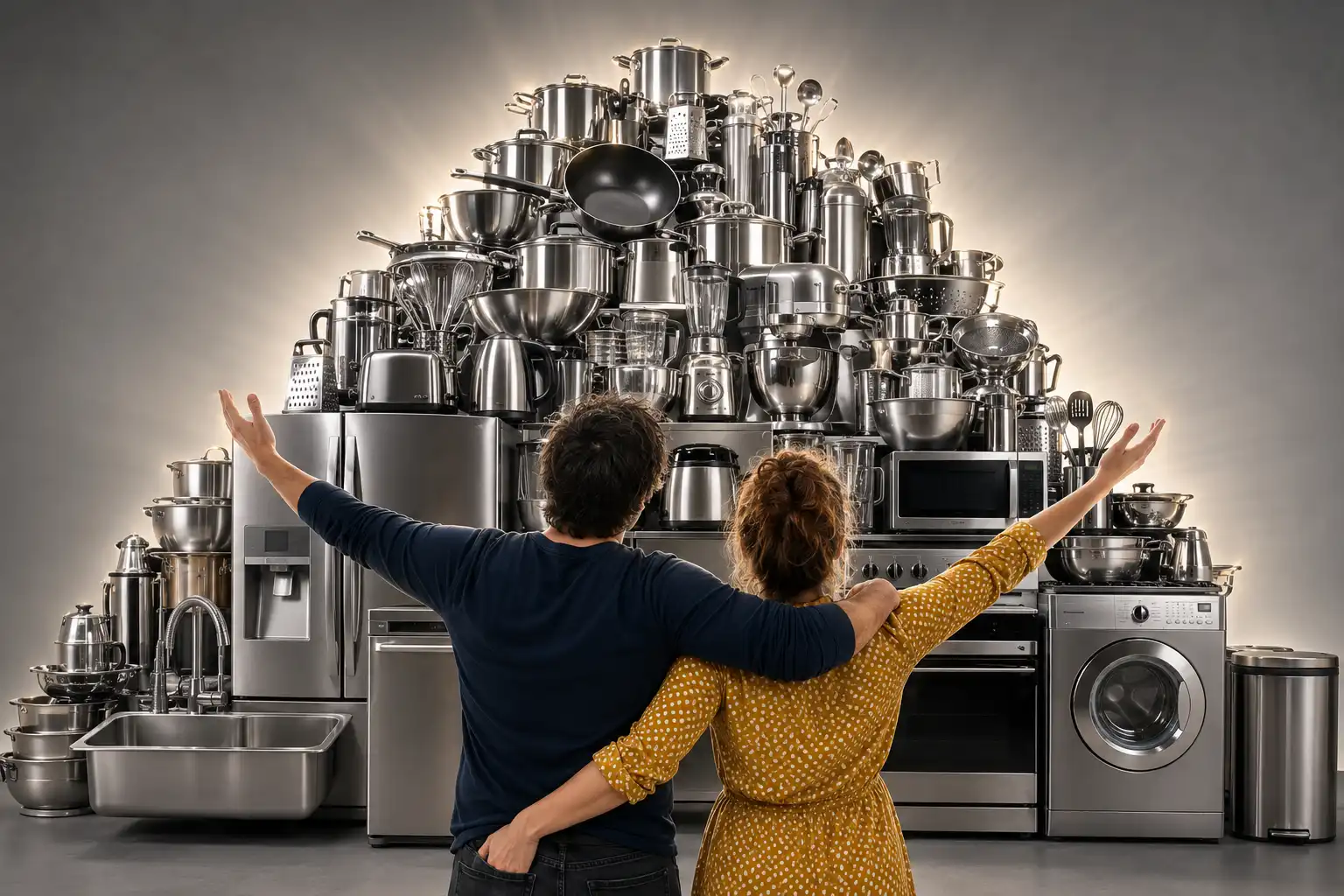 Couple standing arm in arm before a towering stack of stainless steel appliances, cookware and kitchen utensils.
