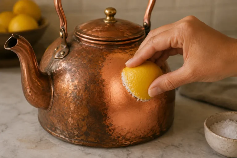 Woman rubbing a halved lemon dipped in coarse salt over a tarnished copper tea kettle, revealing a brighter polished patch.