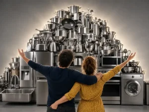 Couple standing arm in arm before a towering stack of stainless steel appliances, cookware and kitchen utensils.