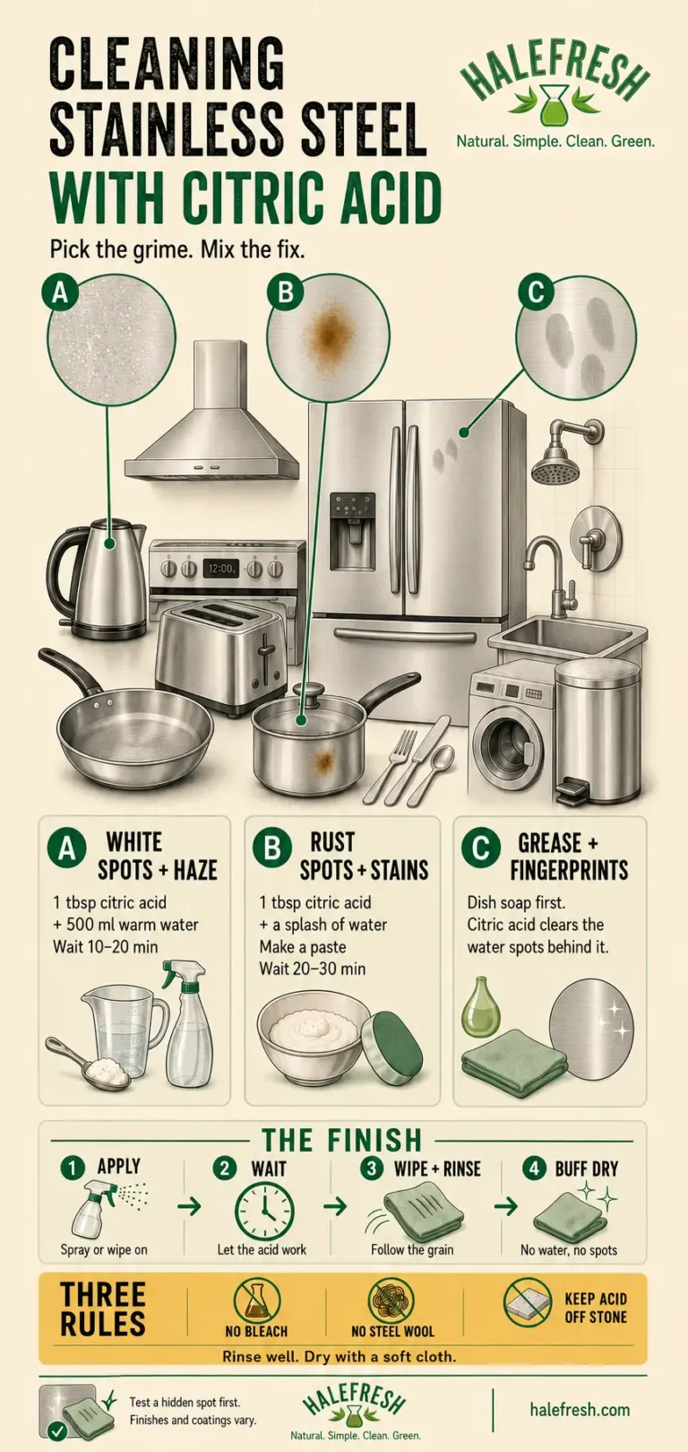 Halefresh infographic showing citric acid cleaning methods for household stainless steel, including water spots, rust stains, grease and fingerprints.