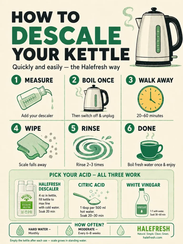 Vintage-style “How to Descale Your Kettle” infographic showing six steps: measure descaler, boil once, unplug and wait, wipe away scale, rinse two to three times, then boil fresh water. Includes Halefresh descaler, citric acid and white vinegar options, plus recommended descaling frequency.