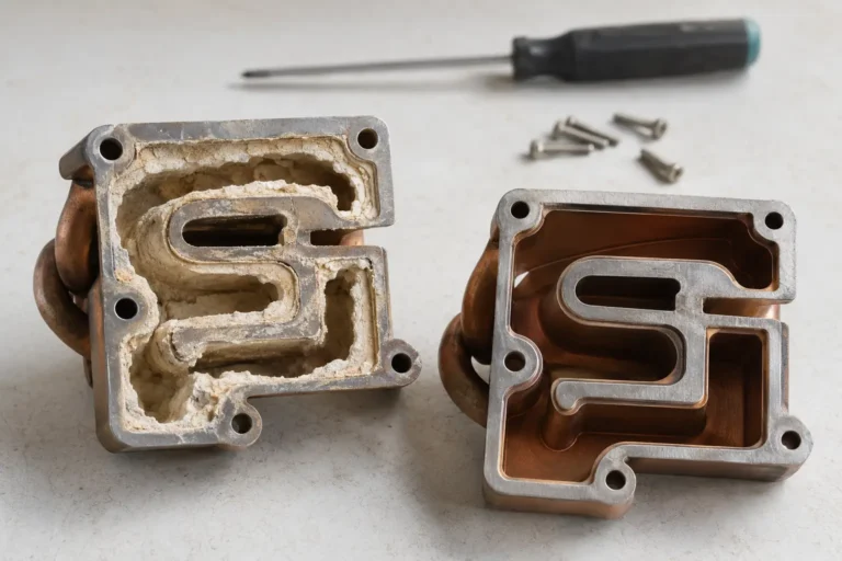 Disassembled espresso machine heating element covered in thick white limescale beside a clean element for comparison