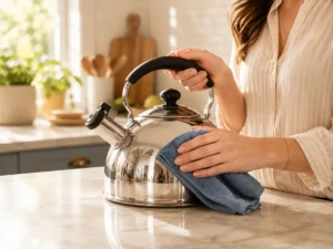 Woman wiping a polished stainless steel tea kettle with a blue cloth in a bright sunlit kitchen.